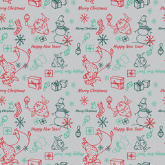 New year vector pattern year of the bull with doodle images of bull, snowman, snowflakes, gifts in classic red and green colors