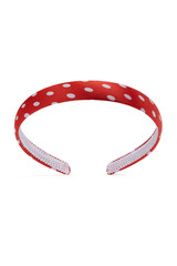 Subject shot of red silk headband with white polka-dot pattern. The hair holder is isolated on the white background.