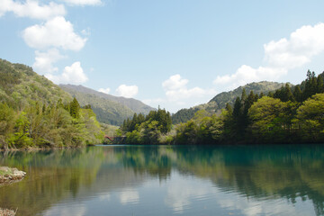 Fototapeta na wymiar 青い湖と森