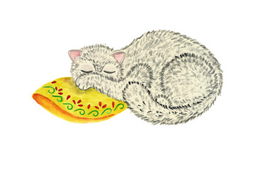 Cat sleeping on a pillow watercolor illustration. The cute kitten closed his eyes and hid his nose under his paw. The model is hand drawn on a white background. Design for children's books, cards.