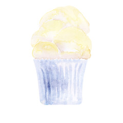 Watercolor image of a dessert. Cupcakes in pastel colors

