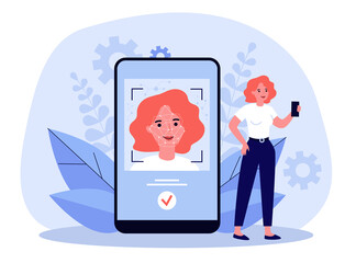 Face recognition concept. Woman using smartphone after ID authentication. Vector illustration for smart technology, data protection, biometrical recognition topics
