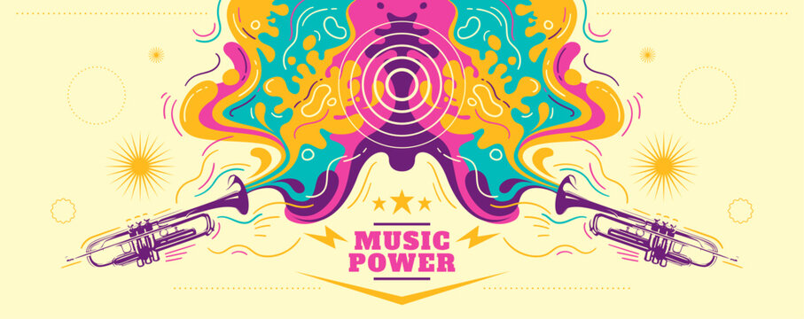 Colorful abstract musical banner design made of various fluid shapes. Vector illustration.