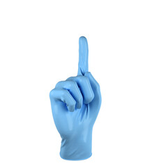 medical glove with the index finger raised to the top symbol of warning attention and extreme caution 3d render on white