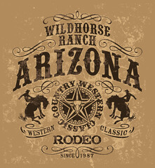 Arizona wild horse western rodeo vintage vector artwork for boy man t shirt - obrazy, fototapety, plakaty