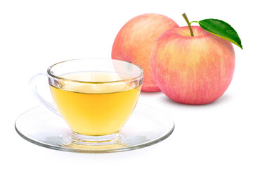 Closeup cup glass of apple cider tea and fresh ripe pink red apple fruit isolated on white background. 