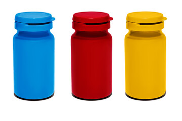 Three jars of yellow, blue and red.