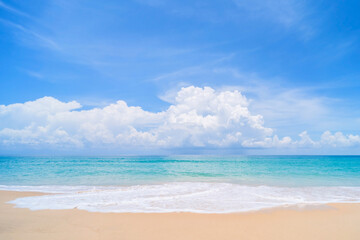 Beautiful tropical beach with blue sky and white clouds abstract texture background. Copy space of...