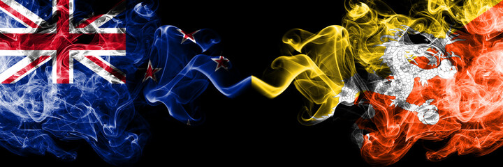 New Zealand vs Bhutan, Bhutanese smoky mystic flags placed side by side. Thick colored silky abstract smoke flags