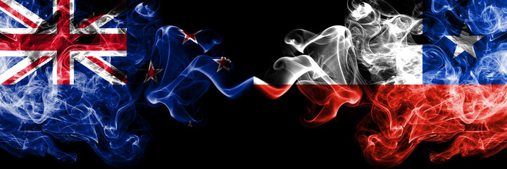 New Zealand vs Chile, Chilean smoky mystic flags placed side by side. Thick colored silky abstract smoke flags