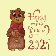 Happy new year greeting card. Congratulations on the year 2021. Lettering - decorative letters and a cute teddy bear in a scarf with a cup with a heart. watercolor and colored pencils 
