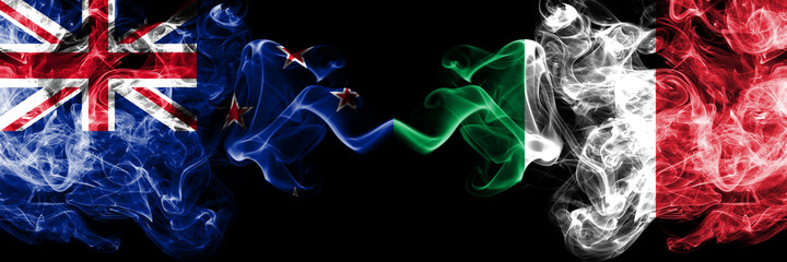 New Zealand vs Italy, Italian smoky mystic flags placed side by side. Thick colored silky abstract smoke flags