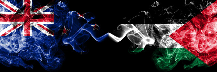 New Zealand vs Palestine, Palestinian smoky mystic flags placed side by side. Thick colored silky...