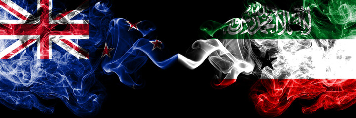 New Zealand vs Somaliland smoky mystic flags placed side by side. Thick colored silky abstract smoke flags