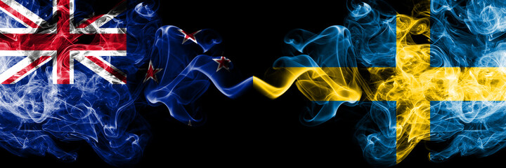 New Zealand vs Sweden, Swedish smoky mystic flags placed side by side. Thick colored silky abstract smoke flags