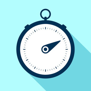 Stopwatch icon in flat style, round timer on color background. Sport clock. Chronometer. Time tool. Vector design element for you business project