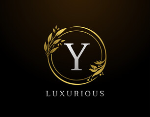 Elegant Y Letter Floral Design. Circle Luxury Y Gold Logo Icon.