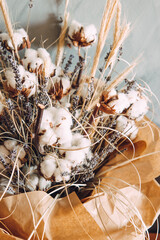  Bouquet of dried flowers - cotton, spikelets and lavender close up