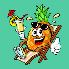 Funny cartoon pineapple character drinking Pina Colada cocktail having fun and relaxing on sunbed. Cartoon vector illustration isolated on turquoise background.