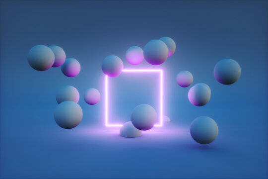 3d render of neon frame with balls around it. modern technology concept © troyanphoto
