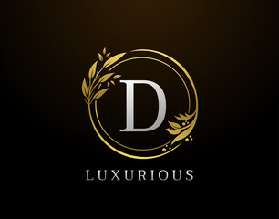 Elegant D Letter Floral Design. Circle Luxury D Gold Logo Icon.