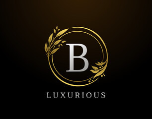 Elegant B Letter Floral Design. Circle Luxury B Gold Logo Icon.