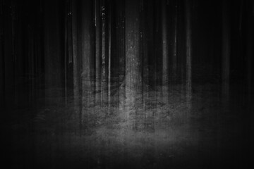 Dark forest illustration. Misty, foggy woodland. Fear, horror, halloween background concept