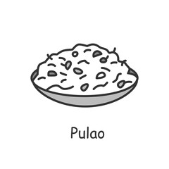  Pulao line icon. Middle Eastern cuisine. Rice or bulgur in broth. Traditional delicious Indian dish. Asian food. Isolated vector illustration. Editable stroke