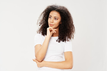 woman with curly hair over isolated background