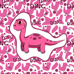 Cute pink dinosaur in vector with pattern background