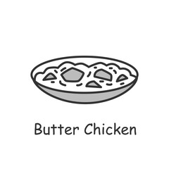 Butter chicken line icon. Indian subcontinental cuisine. Chicken in tomato sauce. Traditional delicious Indian dish. Asian food. Isolated vector illustration. Editable stroke.