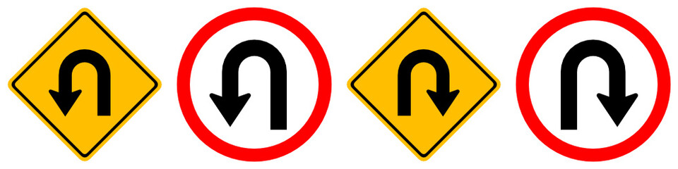 U-turn left and right traffic road sign vector set isolated on white background