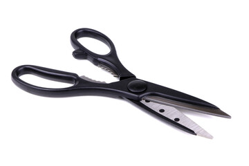 Kitchen scissors isolated on a white background. Black Kichen Shears. Kitchen tools.