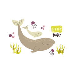 Naklejka premium Cute whale family. Baby cartoon design, composition