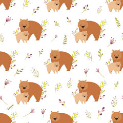 Seamless pattern with cute wombat families and field plants.