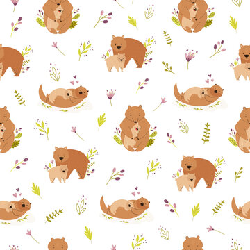 Seamless pattern with cute animals families wombat, bear, otter.