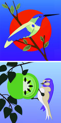 Vector illustration Birds on a branch using the technique of paper plication