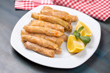 Lahana Sarma, Turkish traditional food,a boiled cabbage leaf that is formed into a roll with a stuffing of rice