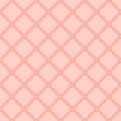 Geometric square texture. Abstract vector seamless pattern with small rhombuses, diamonds, squares, grid, net. Elegant geo background. Coral color. Repeat design for decor, fabric, wallpapers, cloth