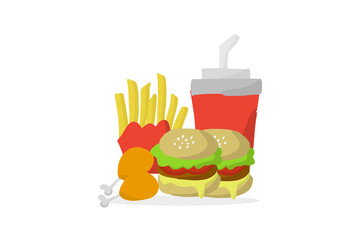 Fast food or junk food concept. Hand draw cheeseburger, french fries, beverage, and deep-fries chicken isolated on white background.
