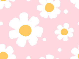 Seamless pattern with cute hand drawn daisies and dots on pink background vector illustration.