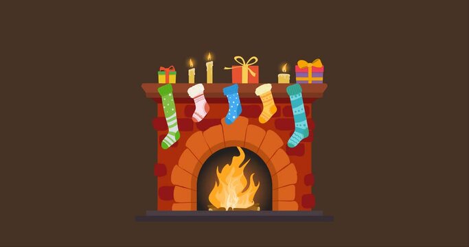 Vector christmas cartoon animation of bonfire burning in fireplace, with candles, new year gifts and socks on it
