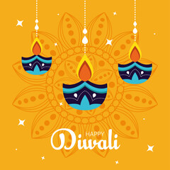 banner of diwali festival holiday with candles hanging and mandala on background vector illustration design