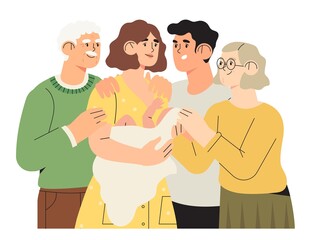 Obraz premium Happy family portrait, motherhood, fatherhood concept. Happy father mother grandmother grandfather and newly born child or baby. Three generations together. Young parants holding infant and smiling.