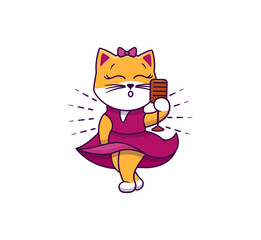 The cute kitty in retro style. Little cat in the beautiful dress singing songs, playing jazz
