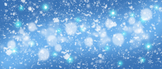 Festive blue Christmas background with glitter and snowflakes. Christmas banner.