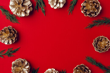 Red festive Christmas background with coniferous branches