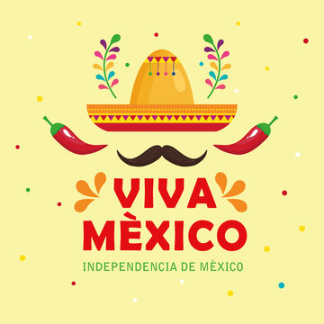 viva mexico, happy independence day, 16 of september with hat, moustache, chili peppers and decoration vector illustration design