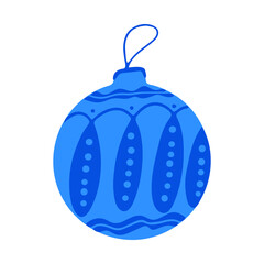 Hand drawn blue Christmas tree ball with doodle elements. Isolated on a white background.