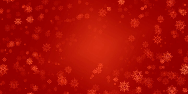 red bright saturated festive background, christmas card, snow and many snowflakes. Blackout at the edges, light center.